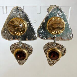 Brown Amber Crystal Earrings Handcrafted Semi Precious Stone Clip-on Triangle